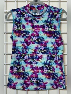Athleta Blue Floral Fade Mock Neck Tank Rash Guard Size Small